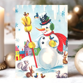 Cartes Pour Fêtes Annuelles Snowman vintage et les animaux de bois mignons rét