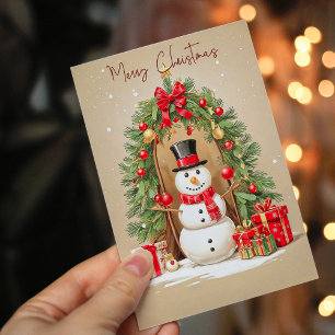 Cartes Pour Fêtes Annuelles Snowman Whimsical Sous Festive Wreath voiture de v