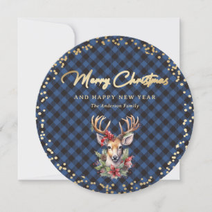 Cartes Pour Fêtes Annuelles Snowy Blue Gold Deer Joyeux Noël