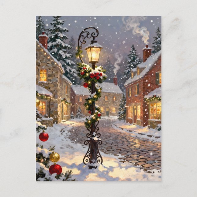 Cartes Pour Fêtes Annuelles Snowy Village Scene with Lamppost  (Devant)
