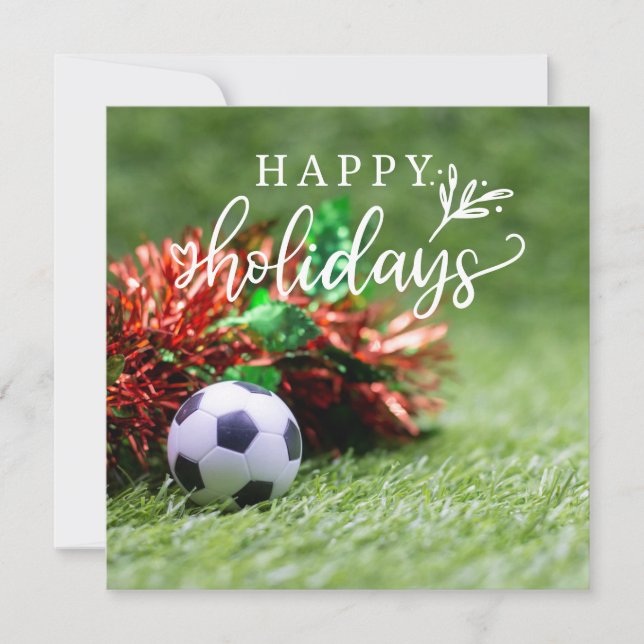 Cartes Pour Fêtes Annuelles Soccer Joyeuses vacances avec balle sur herbe vert (Devant)