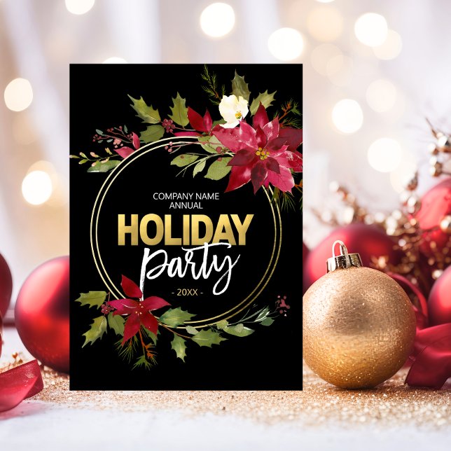 Cartes Pour Fêtes Annuelles SOCIÉTÉ SOCIÉTÉ Rouge Noir Or Poinsettia PARTI (Company CORPORATE Red Black Gold Poinsettia PARTY Holiday Card)