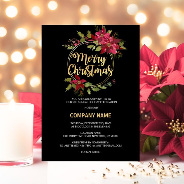 Cartes Pour Fêtes Annuelles SOCIÉTÉ SOCIÉTÉ Rouge Noir Or Poinsettia PARTI (Company CORPORATE Red Black Gold Poinsettia PARTY Holiday Card)