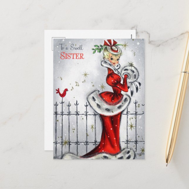 Cartes Pour Fêtes Annuelles Soeur de Noël rétro (Devant/Arrière en situation)
