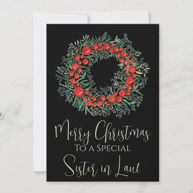 Cartes Pour Fêtes Annuelles Soeur en droit Fruits de Noël couronne (Devant)