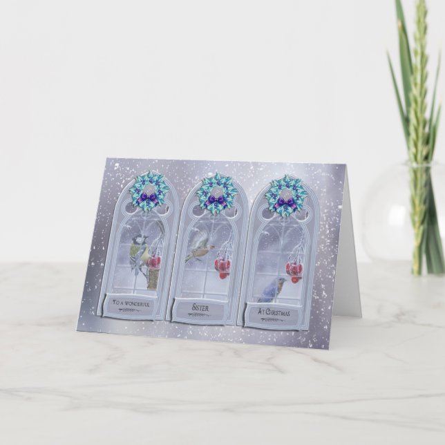 Cartes Pour Fêtes Annuelles Soeur, Oiseaux de Jardin Fenêtre de Noël Salutatio (Devant)