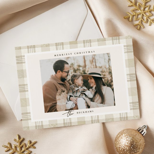 Cartes Pour Fêtes Annuelles Soft Beige Gingham Photo Christmas (Créateur téléchargé)