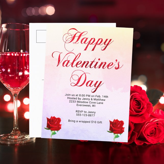 Cartes Pour Fêtes Annuelles Soft Pastel Heureuse Sainte-Valentin Red Roses Par (Happy Valentine's Day Soft Pastel Red Roses Party Holiday Postcard)
