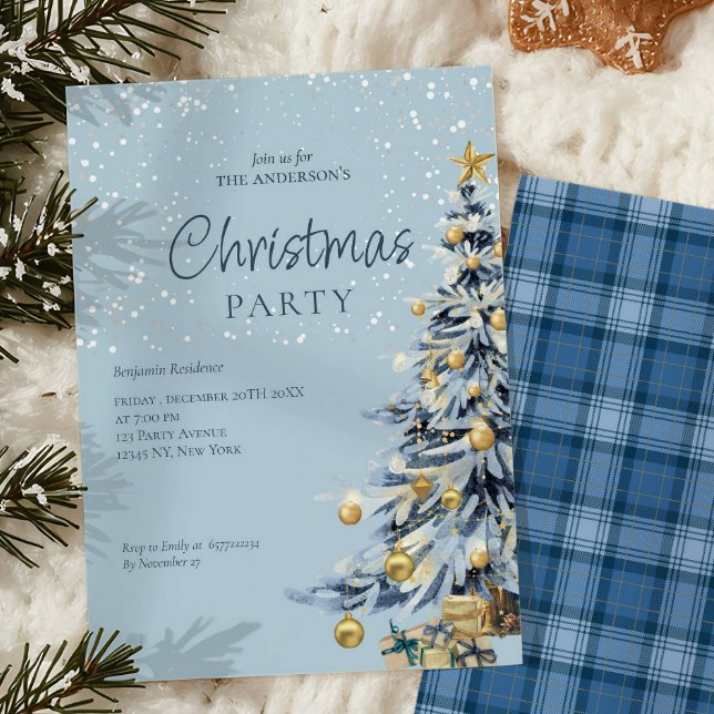 Cartes Pour Fêtes Annuelles Soirée de Noël dans l'élégant Aquarelle Bleue (Créateur téléchargé)