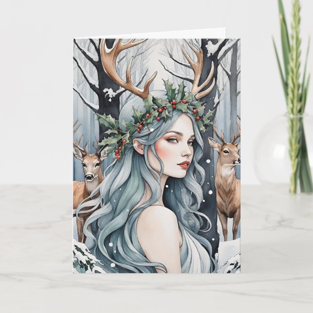 Cartes Pour Fêtes Annuelles Solstice d'hiver déesse & cerf dans la forêt (Devant)