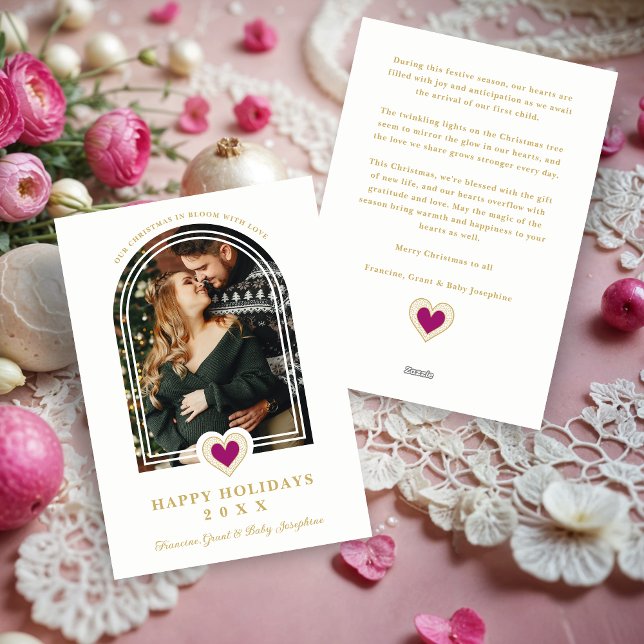 Cartes Pour Fêtes Annuelles Sophisticated Arch with Lace Effect Hot Pink Heart (Sophisticated Arch with Lace Effect Hot Pink Heart-Shape Photo Family Holidays Cards.)