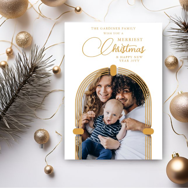 Cartes Pour Fêtes Annuelles Sophisticated Gold Arch Photo Merriest Christmas (Sophisticated Fake Golden Dome Arch Photo Merriest Christmas Holiday Card with Envelope.)