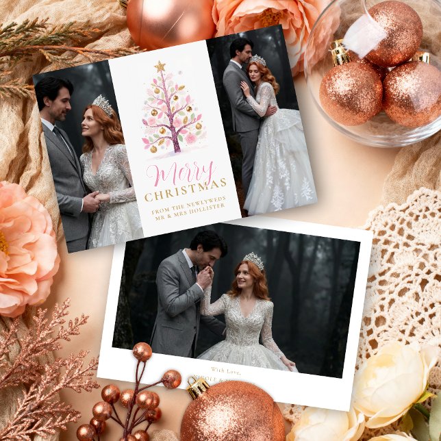 Cartes Pour Fêtes Annuelles Sophisticated Pink First Christmas Wedding Tree (Refined Pink Christmas Tree 3-Photo Cards for Wedding or First Christmas Holiday Cards.)