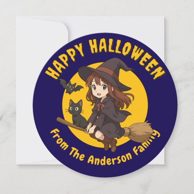 Cartes Pour Fêtes Annuelles Sorcière Anime & Chat Sur Broom Halloween (Devant)