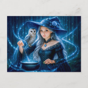 Cartes Pour Fêtes Annuelles Sorcière aux cheveux argentés avec chouette et cha
