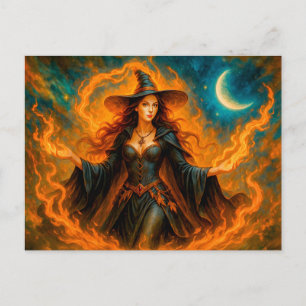 Cartes Pour Fêtes Annuelles Sorcière avec flammes et croissant de lune