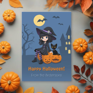 Cartes Pour Fêtes Annuelles Sorcière d'Halloween, Chat Noir, Famille de Citrou