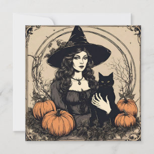 Cartes Pour Fêtes Annuelles Sorcière d'Halloween vintage avec chat noir, Citro