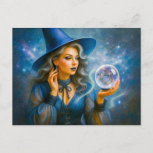 Cartes Pour Fêtes Annuelles Sorcière en bleu avec boule de cristal
