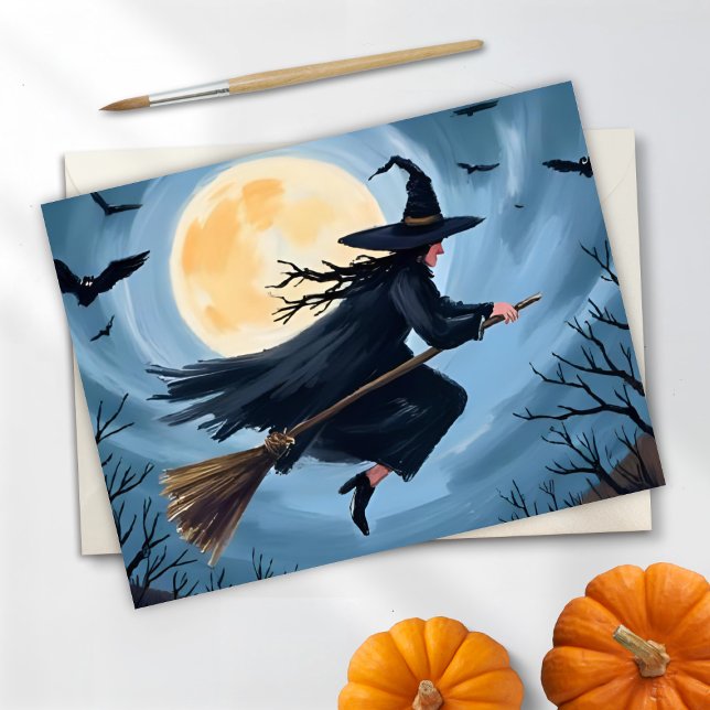 Cartes Pour Fêtes Annuelles Sorcière sur un Broomstick | Joyeux Halloween pein (Créateur téléchargé)