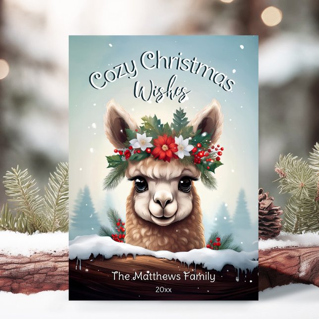 Cartes Pour Fêtes Annuelles Souhaits de Noël cosy Winter Wonderland Alpaca (Adorable Winter Snowy Scene With Peeking Dogs or Farm/Woodland Animals - Over 50 to Choose From!)