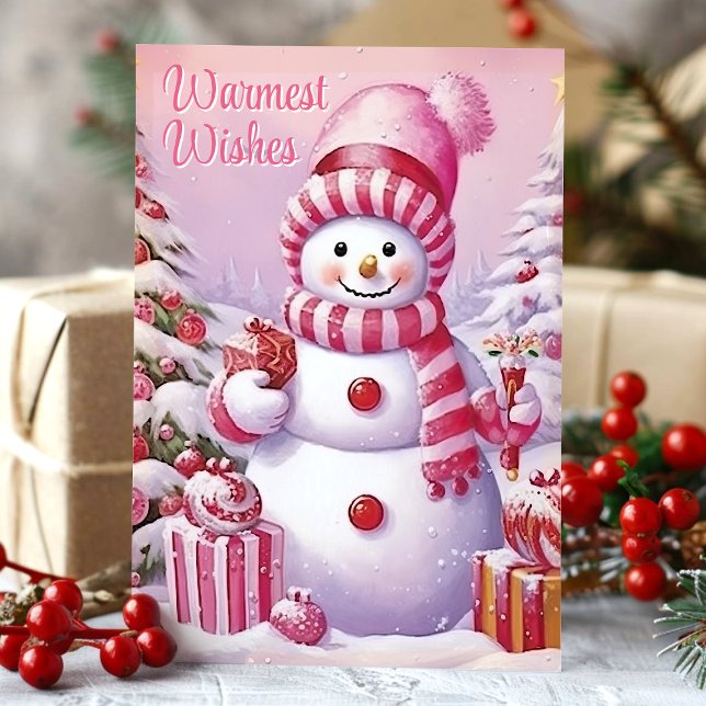 Cartes Pour Fêtes Annuelles Souhaits les plus chauds mignon Snowman rose (Créateur téléchargé)