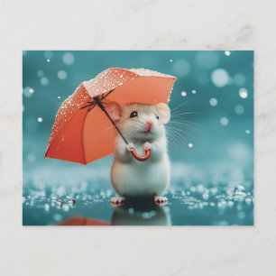Cartes Pour Fêtes Annuelles Souris avec parapluie dans la pluie : belle scène