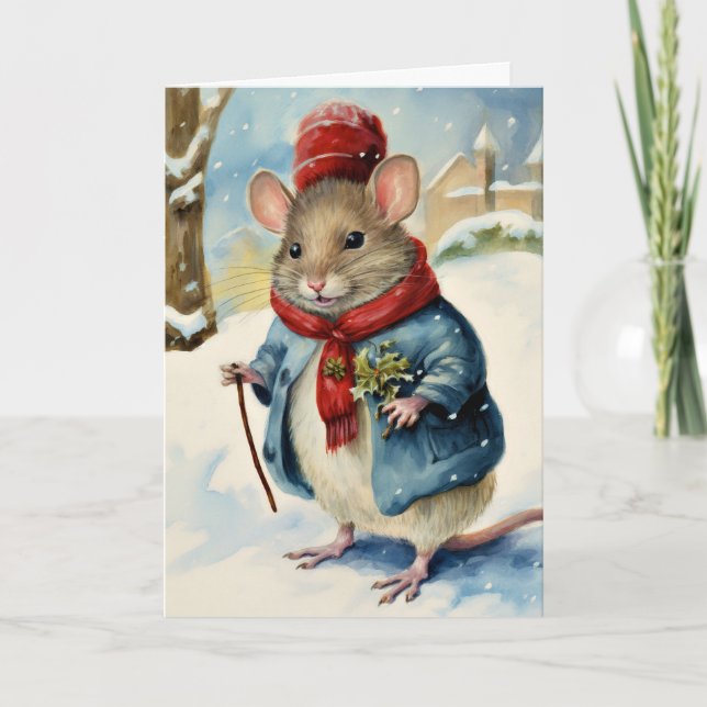 Cartes Pour Fêtes Annuelles Souris de Noël de l'Aquarelle mignonne (Devant)