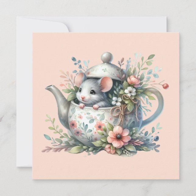 Cartes Pour Fêtes Annuelles Souris mignonne en théière florale Illustration (Devant)