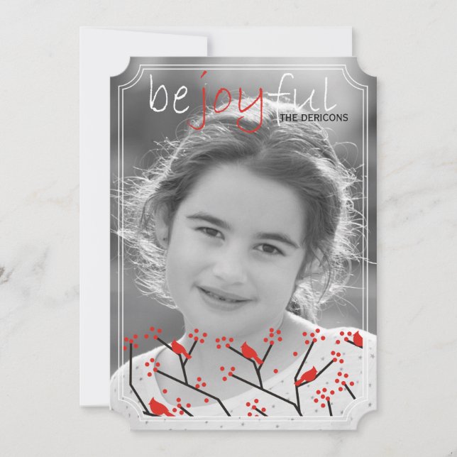 Cartes Pour Fêtes Annuelles "Soyez joyeux" cardinaux et baies photo de Noël (Devant)