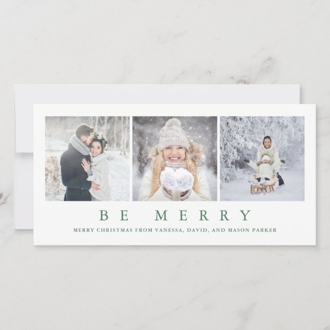 Cartes Pour Fêtes Annuelles Soyez Joyeux | Trois photos de Noël vert moderne (Devant)