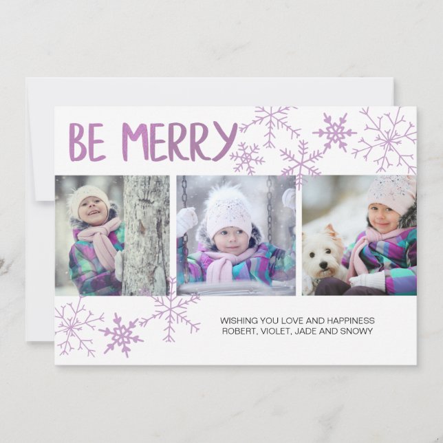 Cartes Pour Fêtes Annuelles Soyez Merry Purple Snowflakes Trois Photo Collage (Devant)