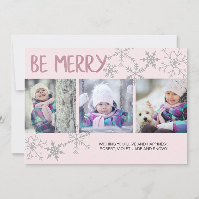 Cartes Pour Fêtes Annuelles Soyez Merry Snowflakes 3 Photo Collage rose (Devant)