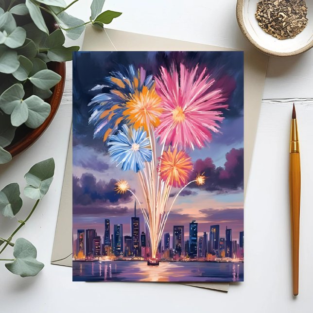 Cartes Pour Fêtes Annuelles Spectacle de feux d'artifice | Aquarelle du Nouvel (Créateur téléchargé)