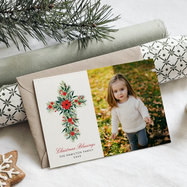 Cartes Pour Fêtes Annuelles Sprigs botaniques Croix de Noël Photo religieuse (Créateur téléchargé)