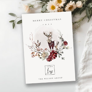 Cartes Pour Fêtes Annuelles Stag Marsala Foliage Wreath Joyeux logo de Noël
