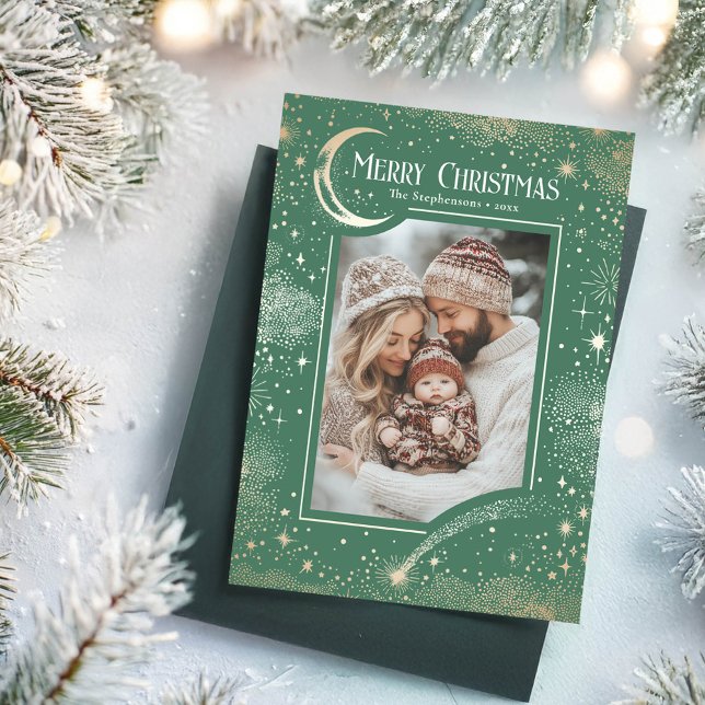 Cartes Pour Fêtes Annuelles Stars Celestial Magie Joyeux Noël Photo (Green Merry Christmas Photo Card)