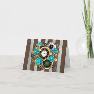 Cartes Pour Fêtes Annuelles Steampunk Clock and Turquoise Roses on Striped