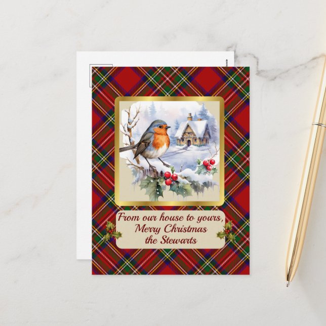 Cartes Pour Fêtes Annuelles Stewart Crest & Tartan avec Robin (Devant/Arrière en situation)