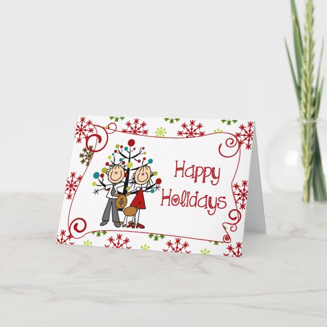 Cartes Pour Fêtes Annuelles Stick Figure Couple Avec Chien Noël Vacances (Devant)