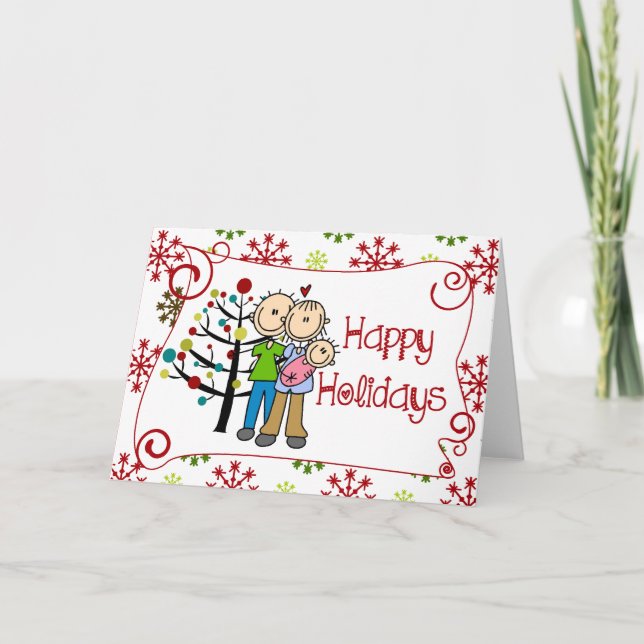 Cartes Pour Fêtes Annuelles Stick Figure Famille Bébé Fille Noël Fête (Devant)