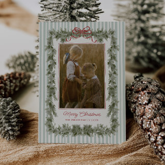 Cartes Pour Fêtes Annuelles Stripe and Bow Christmas Photo Card Sage