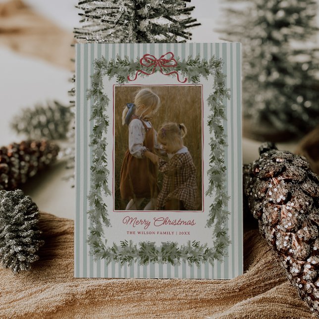 Cartes Pour Fêtes Annuelles Stripe and Bow Christmas Photo Card Sage (Créateur téléchargé)