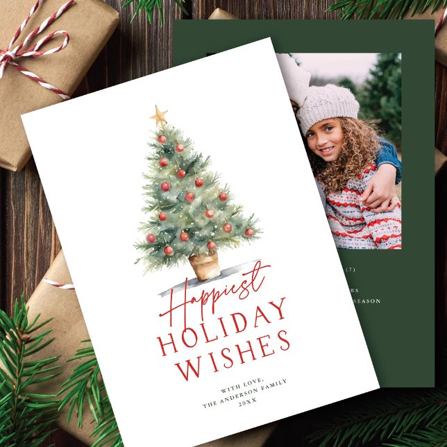 Cartes Pour Fêtes Annuelles Style agricole Aquarelle Arbre de Noël + Photo (Créateur téléchargé)