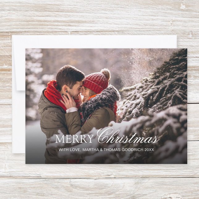 Cartes Pour Fêtes Annuelles Style blanc Script Noël Gradient Photo (Simple, classy christmas photo card "Merry Christmas" with festive white script typography.)