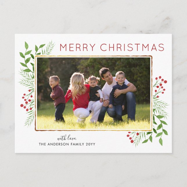 Cartes Pour Fêtes Annuelles Style Joyeux Noël Feuilles Foliage Berry Photo (Devant)