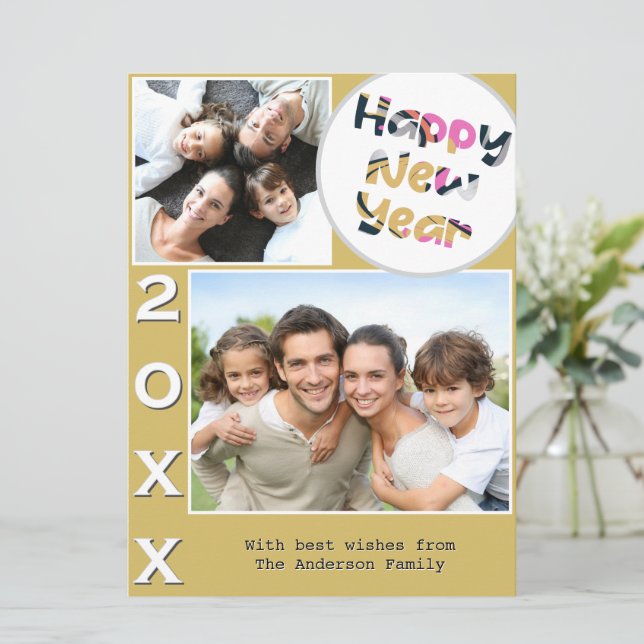 Cartes Pour Fêtes Annuelles Stylish 2 Photo Jaune Personnalisé Bonne Année (Debout devant)