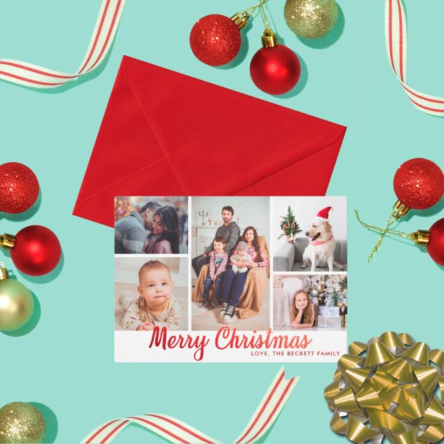 Cartes Pour Fêtes Annuelles Stylish Red Merry Christmas 5 Photo collage (Créateur téléchargé)
