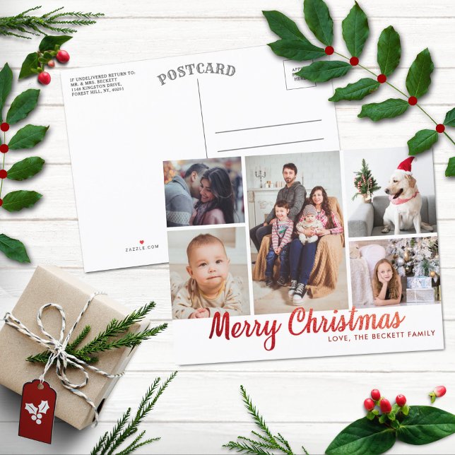 Cartes Pour Fêtes Annuelles Stylish Red Merry Christmas 5 Photo collage (Créateur téléchargé)