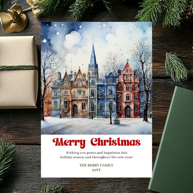 Cartes Pour Fêtes Annuelles Stylish rustic Christmas scene festive red green  (Stylish rustic Christmas scene festive red green greeting)